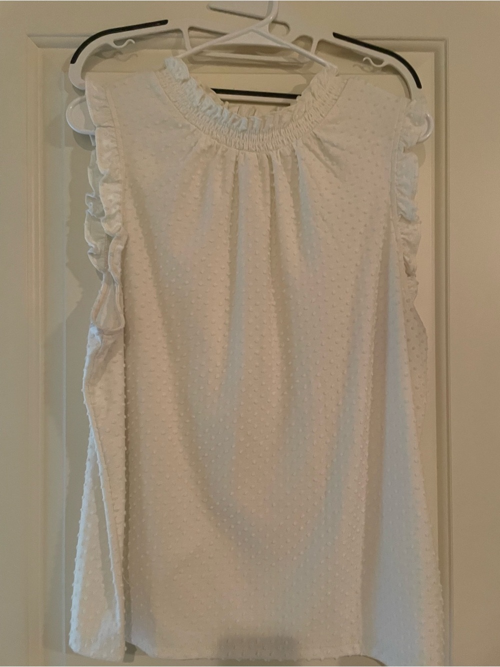 J. Crew White Ruffle Neck Swiss Dot Top